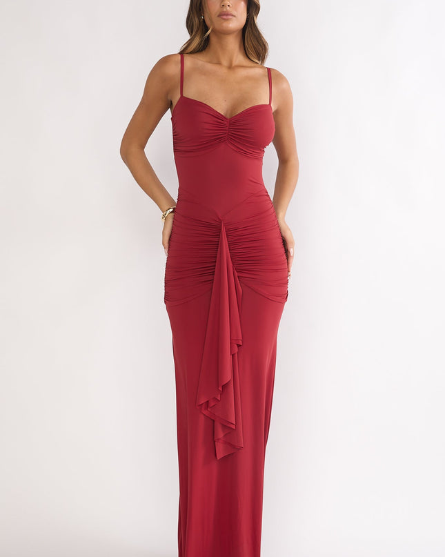 Wine Ruched Cascade Sash Dress
