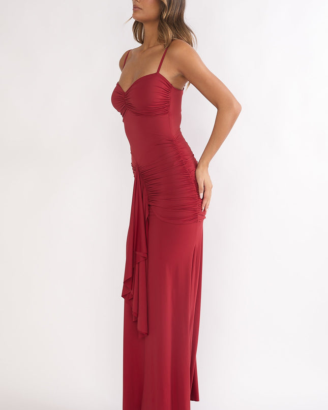 Wine Ruched Cascade Sash Dress