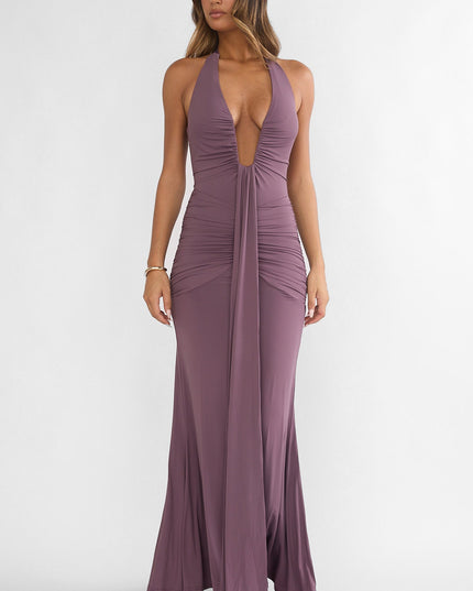 Mauve Halter Ruched Maxi Dress
