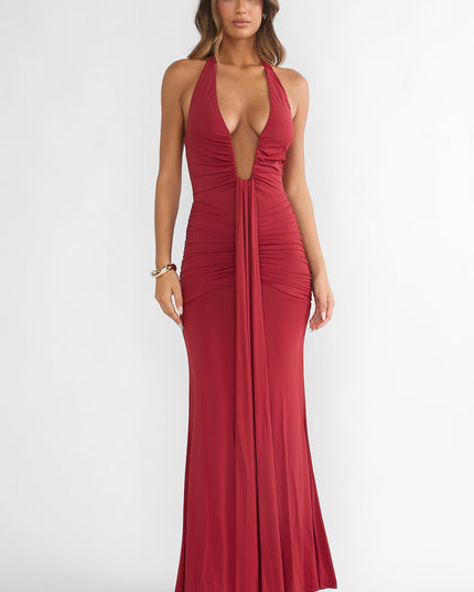Wine Halter Ruched Maxi Dress