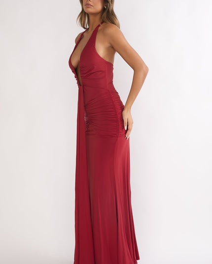 Wine Halter Ruched Maxi Dress