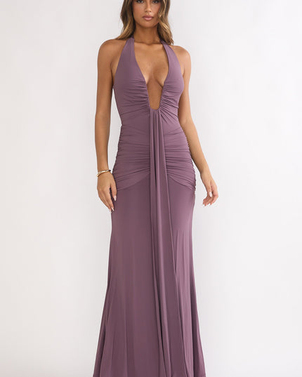 Mauve Halter Ruched Maxi Dress