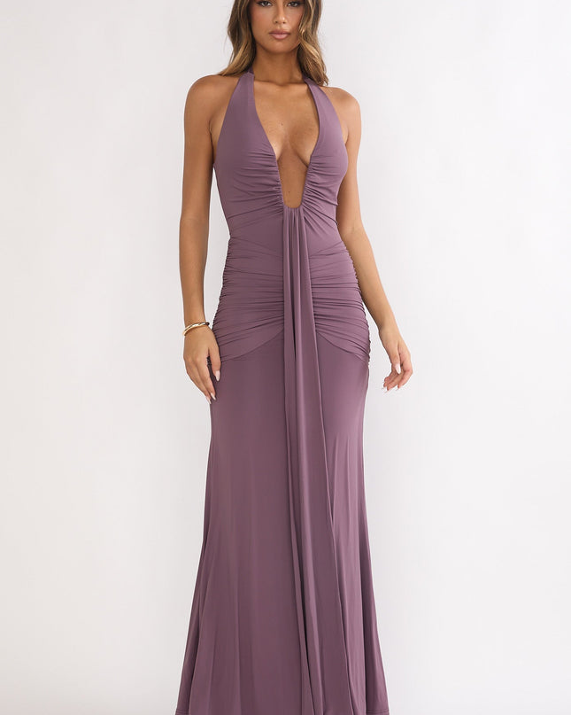 Mauve Halter Ruched Maxi Dress