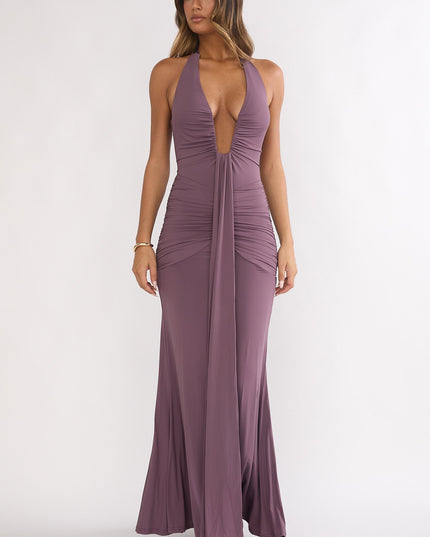 Mauve Halter Ruched Maxi Dress