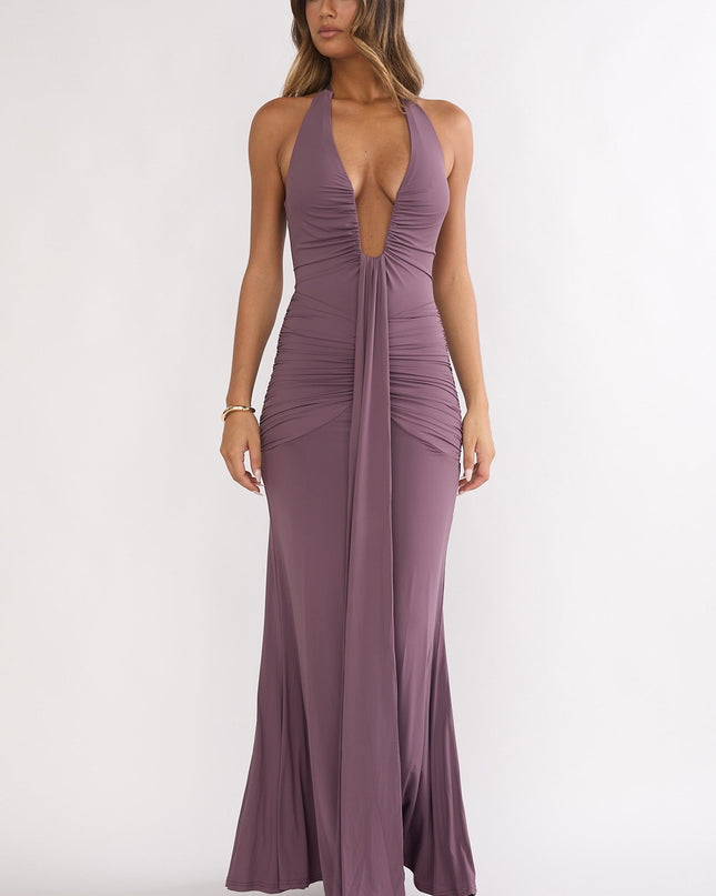 Mauve Halter Ruched Maxi Dress