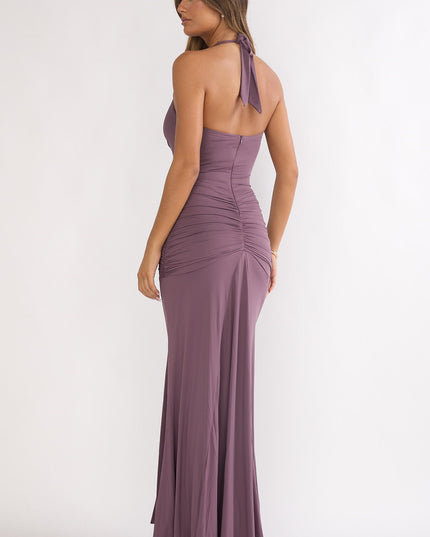 Mauve Halter Ruched Maxi Dress