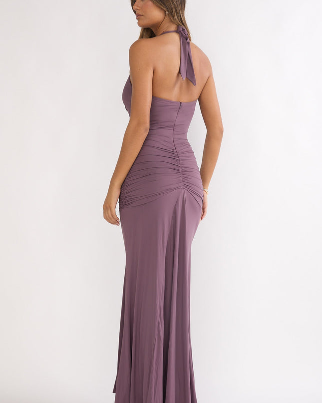 Mauve Halter Ruched Maxi Dress