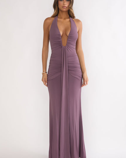 Mauve Halter Ruched Maxi Dress