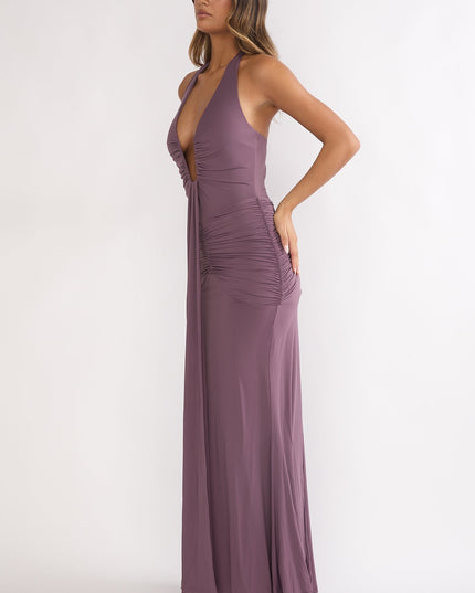 Mauve Halter Ruched Maxi Dress