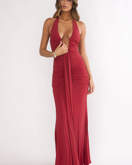 Wine Halter Ruched Maxi Dress