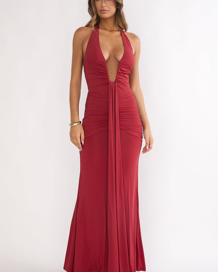 Wine Halter Ruched Maxi Dress