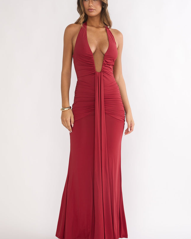 Wine Halter Ruched Maxi Dress