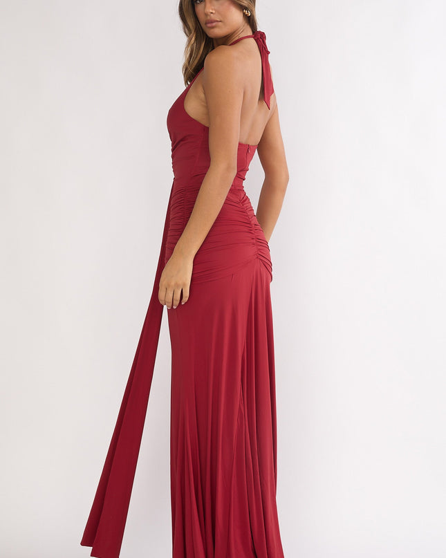 Wine Halter Ruched Maxi Dress