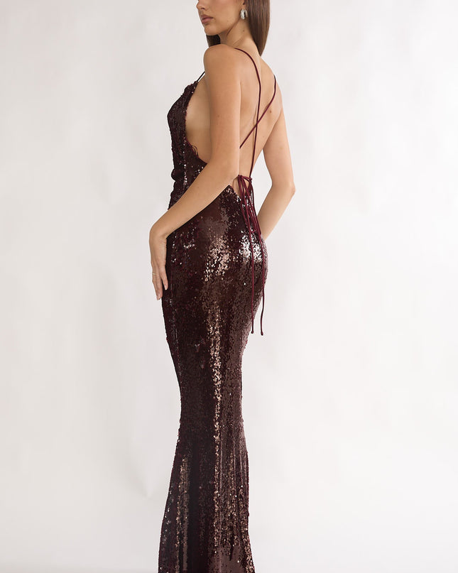 Wine Star Open Tied Back Maxi Dress Sequin