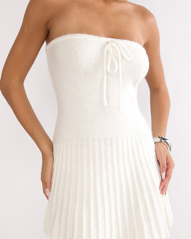 White Strapless Pleat Hem Knit Mini Dress