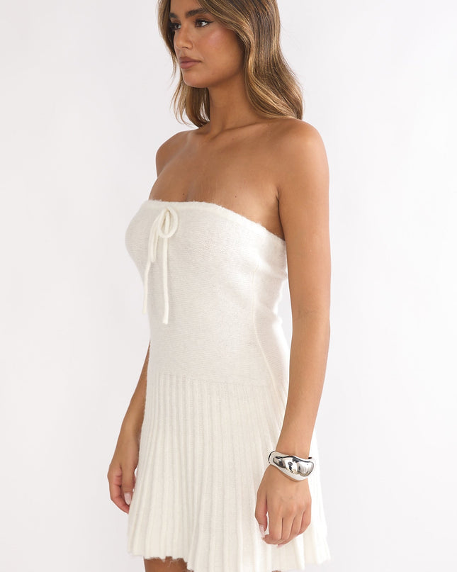 White Strapless Pleat Hem Knit Mini Dress