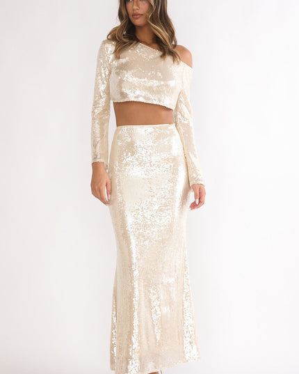 Champagne Asymmetric Neckline Crop Top Sequin