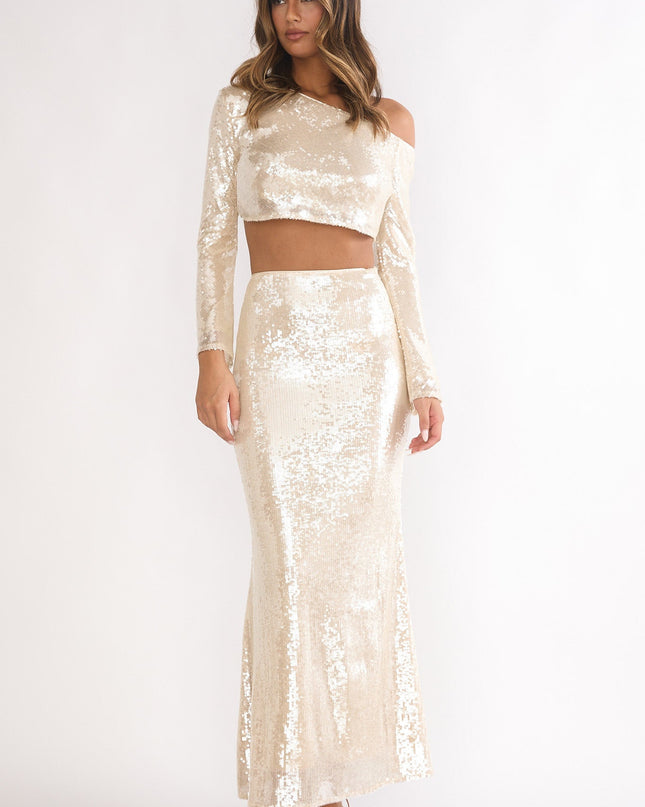 Champagne Asymmetric Neckline Crop Top Sequin
