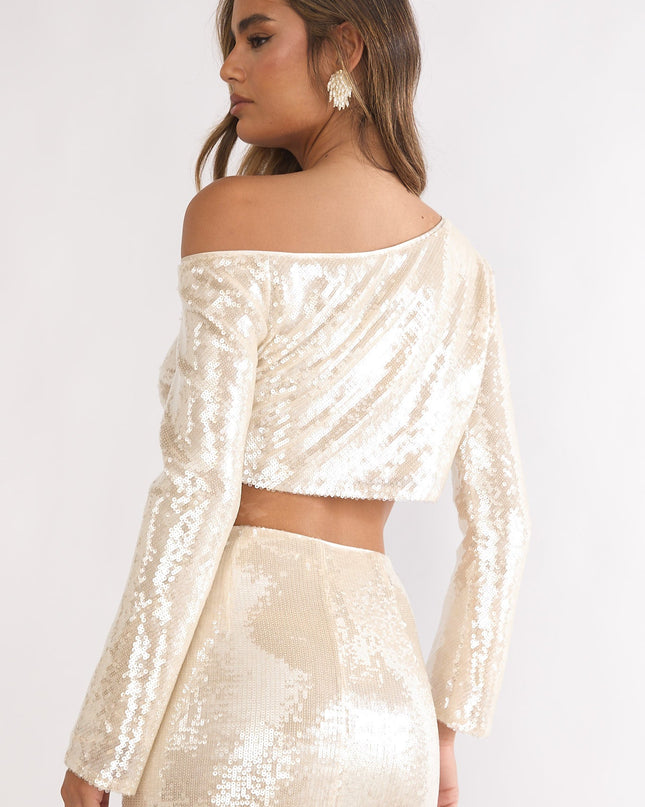 Champagne Asymmetric Neckline Crop Top Sequin