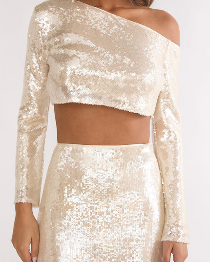 Champagne Asymmetric Neckline Crop Top Sequin
