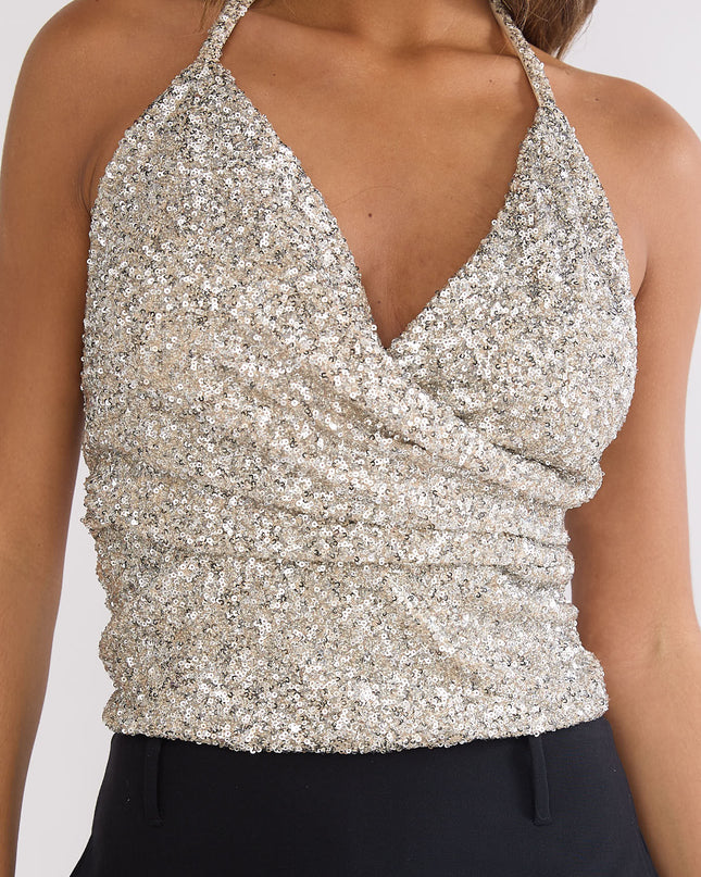 Silver Spark Sequin Halter Top