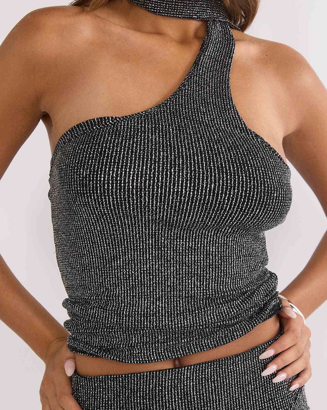 Black One-Shoulder Top Silver