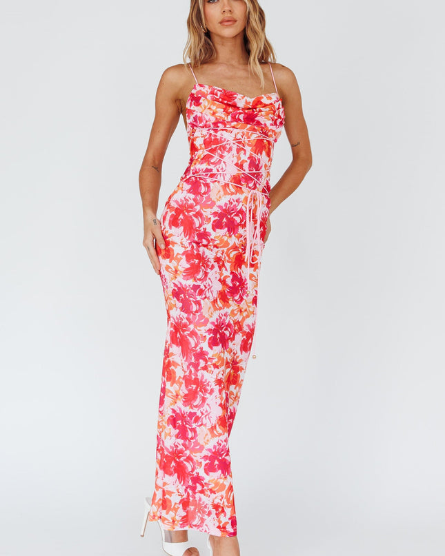 Red Waist Midi Dress Floral