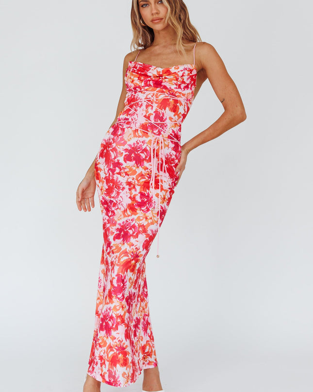 Red Waist Midi Dress Floral