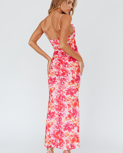 Red Waist Midi Dress Floral