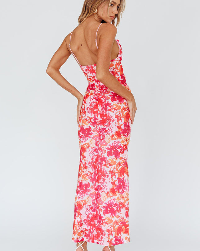 Red Waist Midi Dress Floral