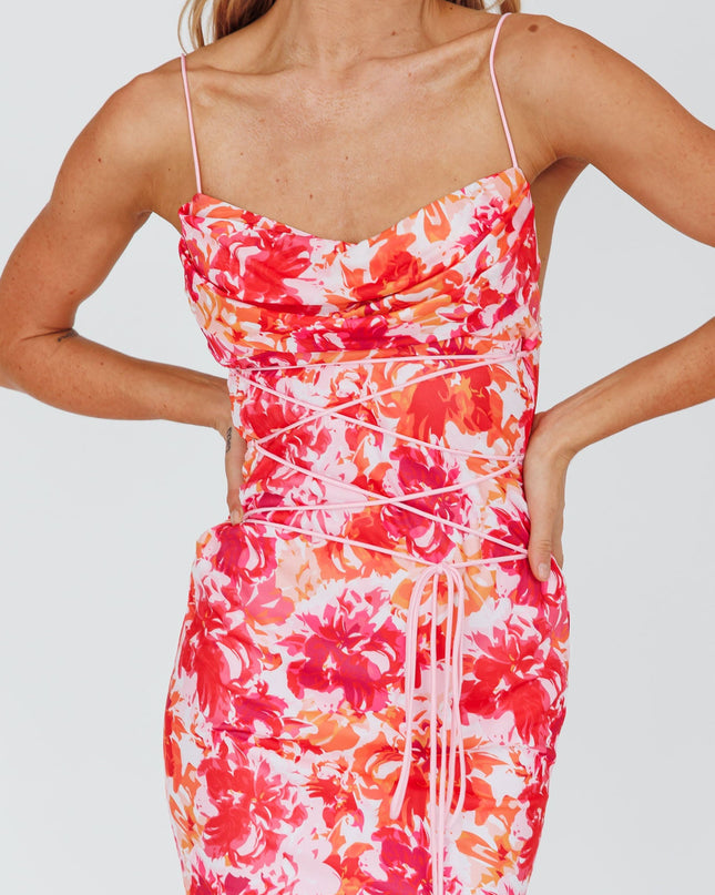 Red Waist Midi Dress Floral