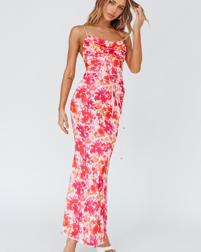 Red Waist Midi Dress Floral
