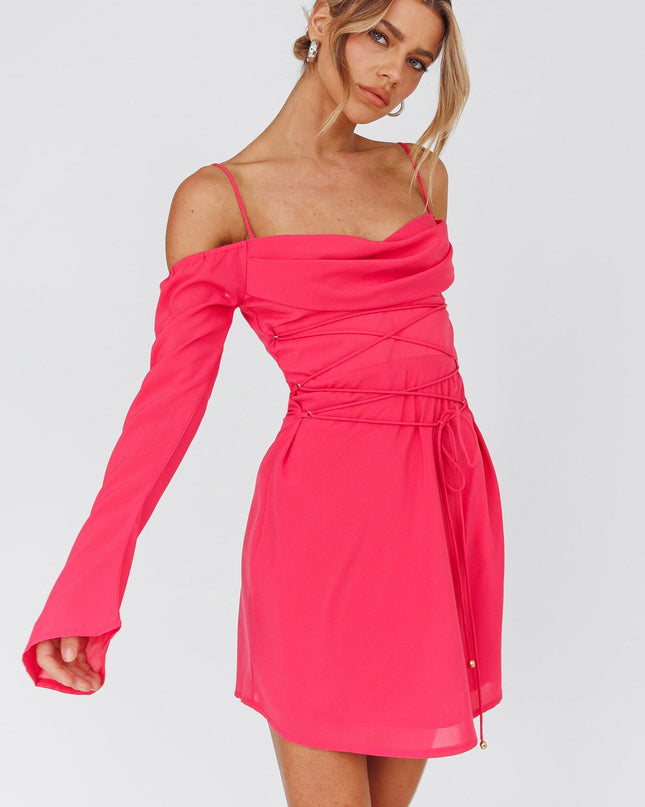 Hot Pink Off-Shoulder Sleeve Laced Mini Dress