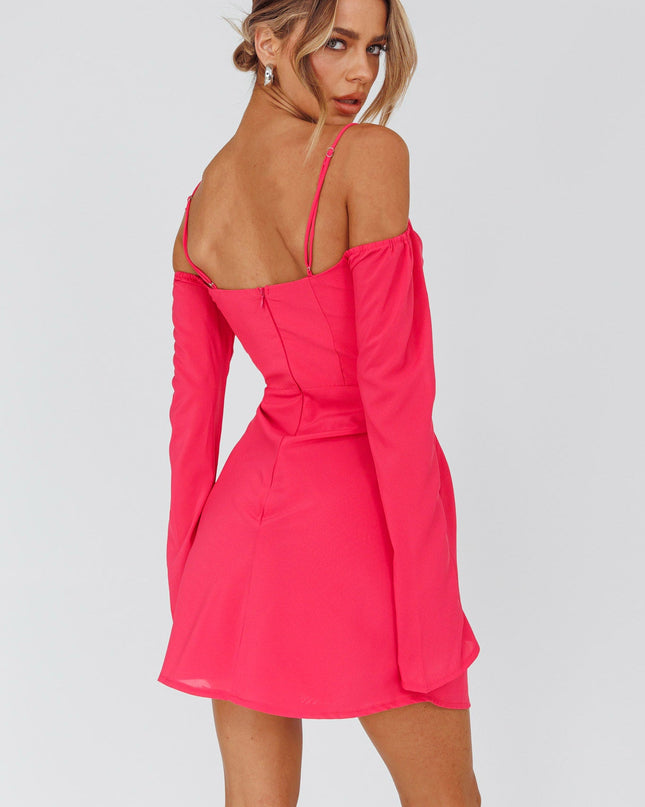 Hot Pink Off-Shoulder Sleeve Laced Mini Dress