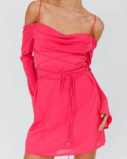 Hot Pink Off-Shoulder Sleeve Laced Mini Dress