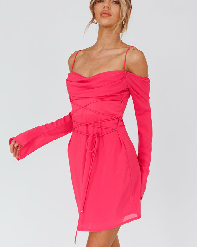 Hot Pink Off-Shoulder Sleeve Laced Mini Dress