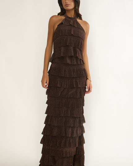 Brown Tiered Halter Maxi Dress Sparkle