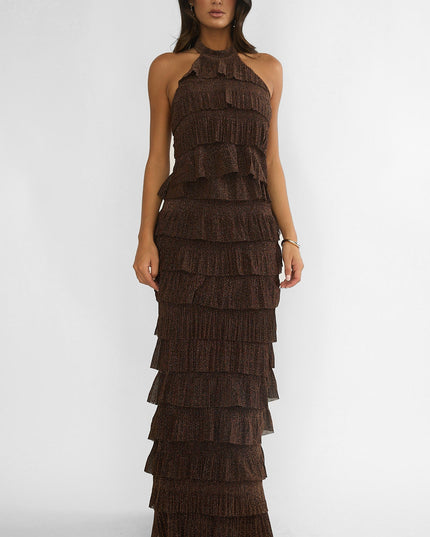 Brown Tiered Halter Maxi Dress Sparkle