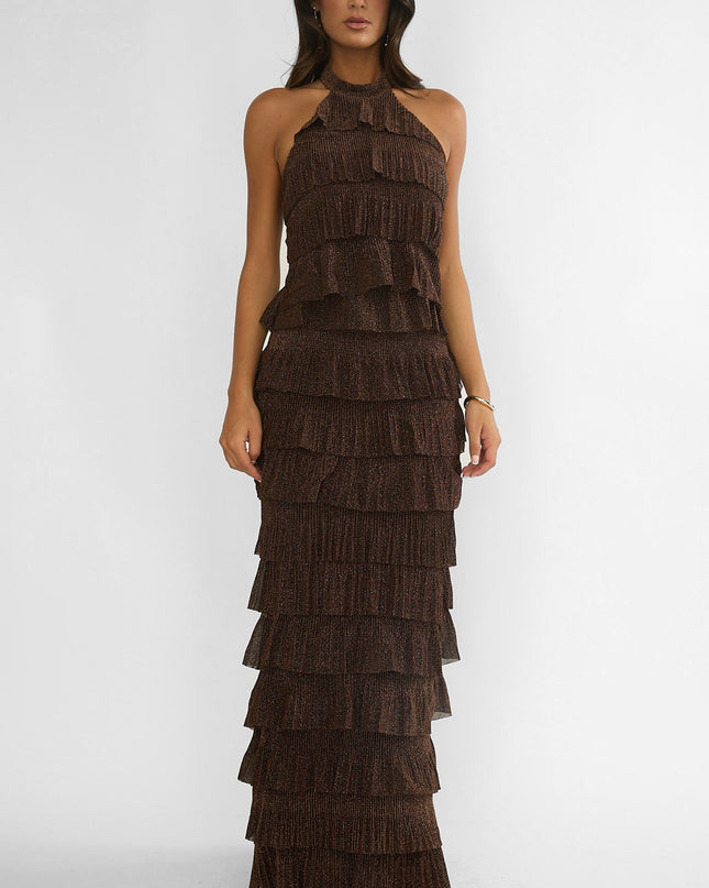 Brown Tiered Halter Maxi Dress Sparkle