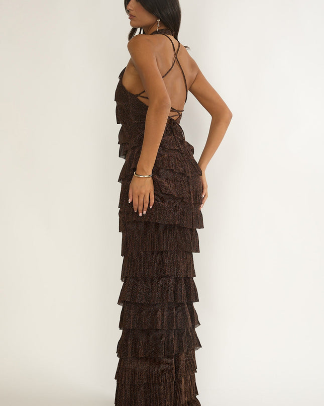 Brown Tiered Halter Maxi Dress Sparkle