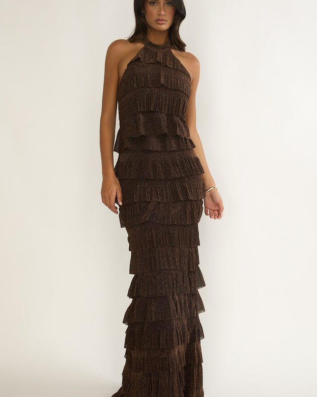 Brown Tiered Halter Maxi Dress Sparkle