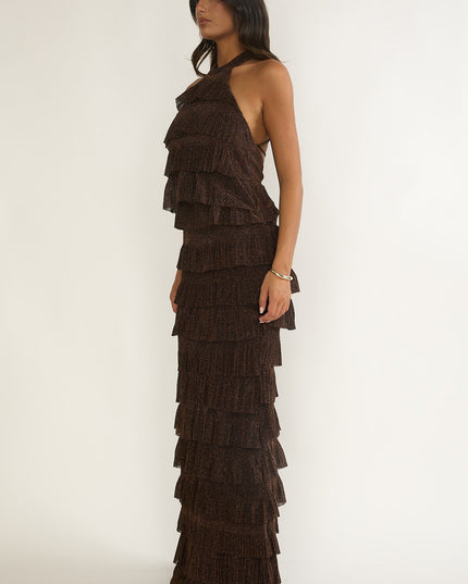Brown Tiered Halter Maxi Dress Sparkle