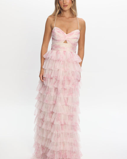 Pink Layered Frill Maxi Dress Floral