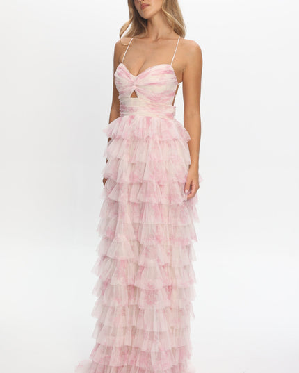 Pink Layered Frill Maxi Dress Floral