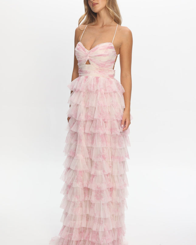 Pink Layered Frill Maxi Dress Floral