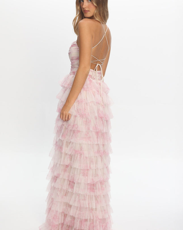 Pink Layered Frill Maxi Dress Floral