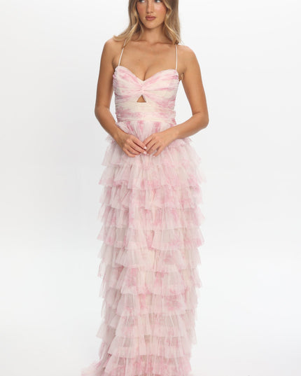 Pink Layered Frill Maxi Dress Floral