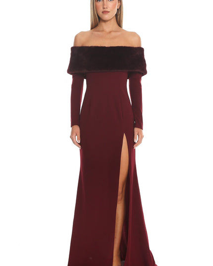 Wine Off-Shoulder Fur Trim Maxi Dress