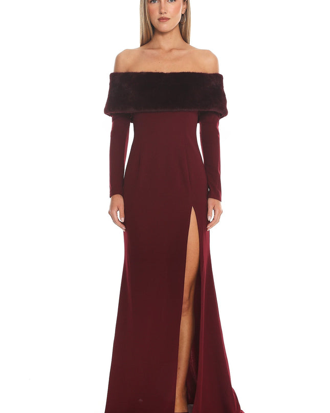 Wine Off-Shoulder Fur Trim Maxi Dress