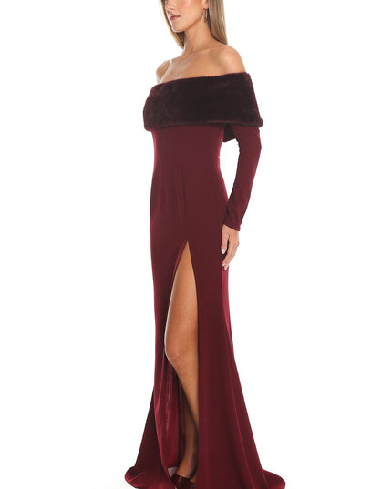 Wine Off-Shoulder Fur Trim Maxi Dress